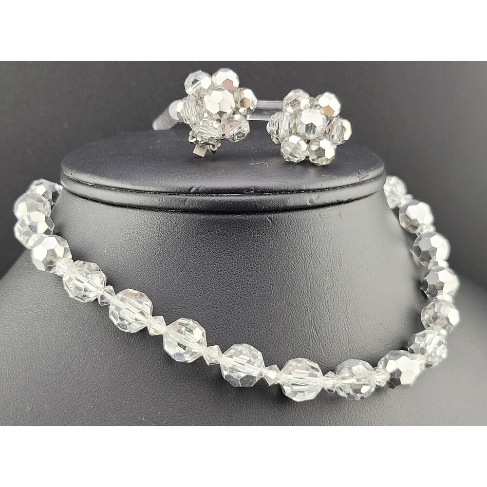 Vintage Austrian Crystal Hand Cut Glass Silver & Clear Bead Necklace Earring Set